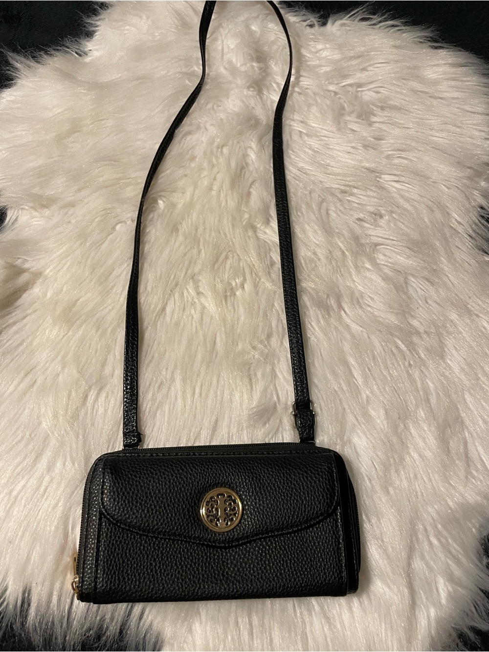 Black Pebbled Leather Crossbody Wallet with Gold Accent